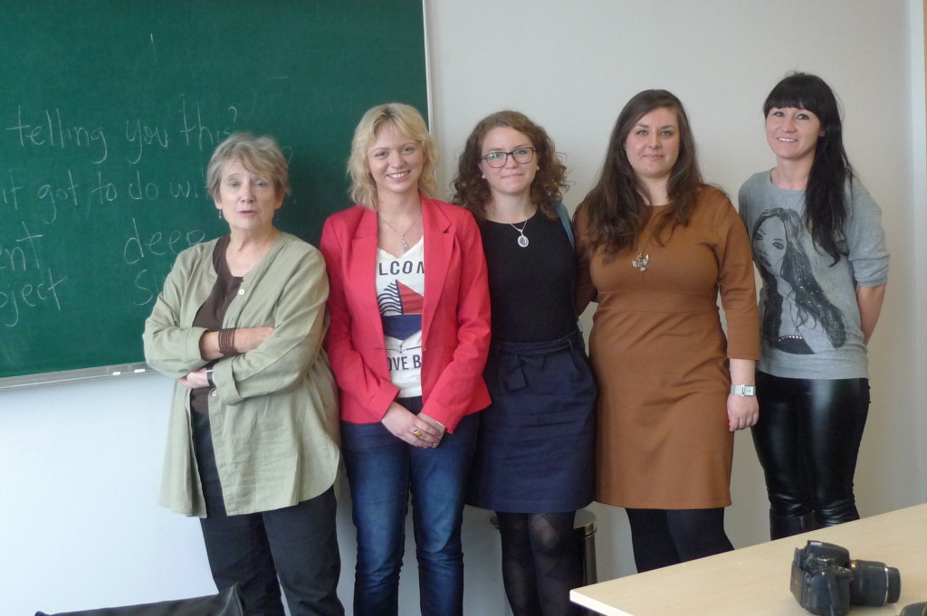 Myrna visited the University of Szczecin in Poland in October 2013, gave a lecture on her work to students and faculty of Canadian Studies and a workshop on creative nonfiction with these four students. From left to right the women are: Claudia, Kinga, Agnieszka, Alina. Thanks to their professor, Dr. Weronika Suchacka!